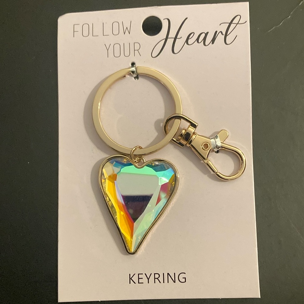 Keychain | Iridescent Glass Heart/Gold | Christmas Stockings/Valentine’s gift